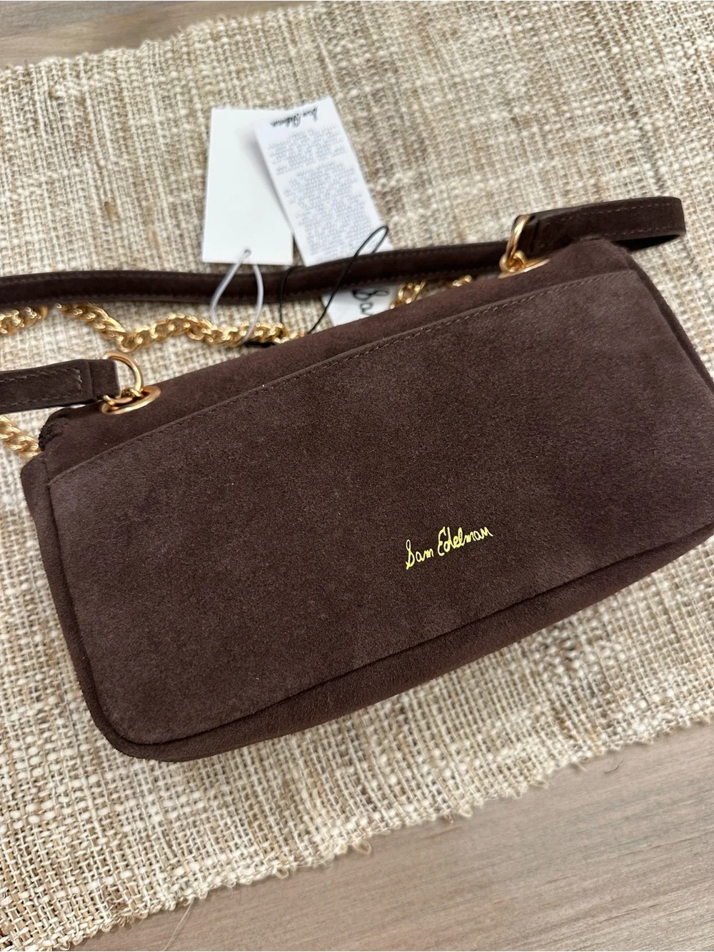 Sam Edelman Brown Suede and Gold Chain Crossbody Bag
